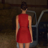 Vestido corto informal sin mangas para mujer, a la moda con botones minivestido, color rojo y negro, ropa elegante para verano, 2024 - details 4