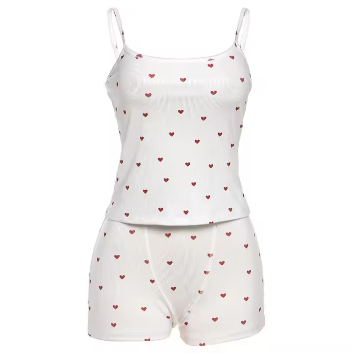 BUNO-Conjunto de 2 piezas con estampado de corazón cómodo de Nibber para mujer, cuello cuadrado, sin mangas, Crop Tops + Shorts elásticos, trajes de moda para niñas dulces - 1