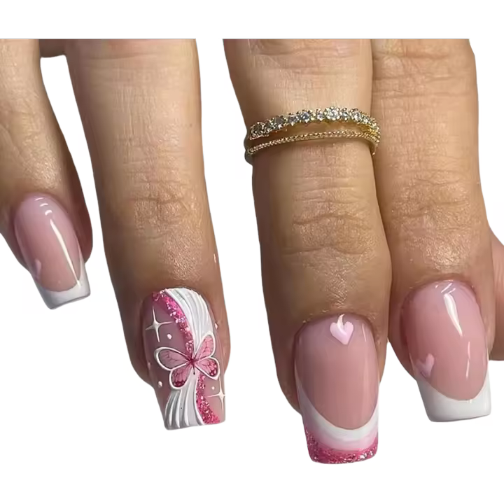 24 Piezas de Uñas Postizas Cuadradas Diseño de Mariposa y Corazón Rosa Adhesivo Incluido - 1
