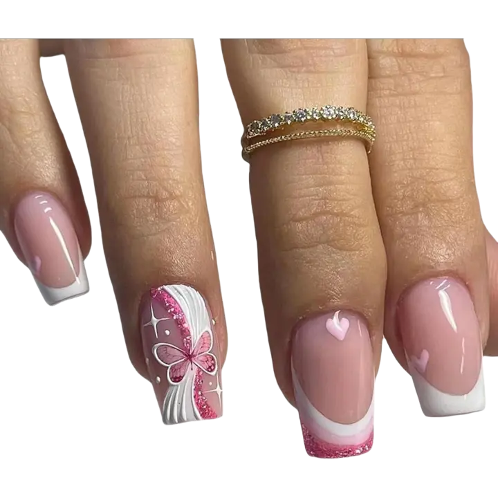 24 Piezas de Uñas Postizas Cuadradas Diseño de Mariposa y Corazón Rosa Adhesivo Incluido - 1