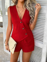 Conjunto de chaleco con botones estilo vacaciones de color sólido casual de primavera verano ropa de mujer. - details 6