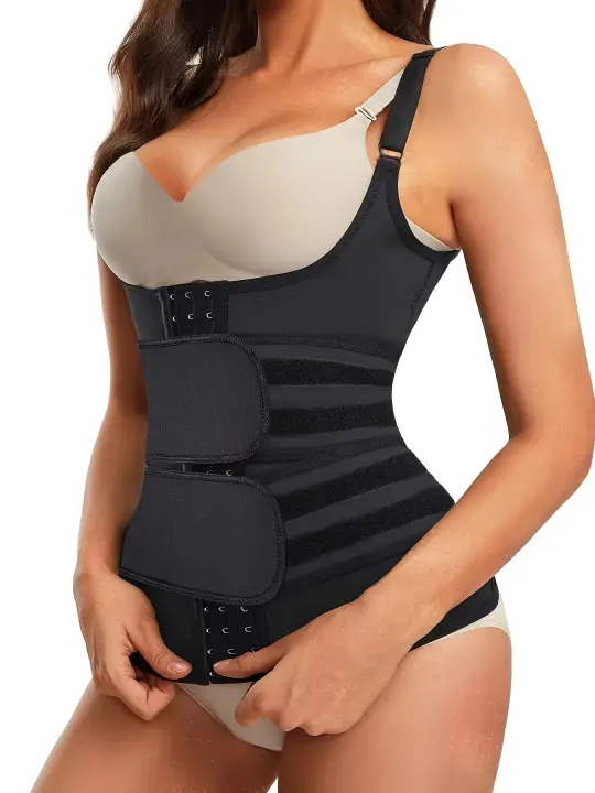 Cinturón de cintura ajustable para mujer, faja de control de abdomen con doble cinturón, chaleco de compresión de neopreno, top deportivo sin mangas con cuello en U, tejido transpirable, color liso, para gimnasio, trabajo, recuperación posparto. - 1