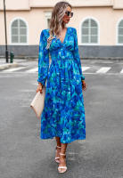 Vestido de manga larga con cuello en V estampado informal para vacaciones de otoño a la moda para mujer - details 12