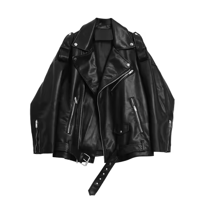 TRAFZA, chaquetas de cuero para mujer de primavera, cuello vuelto, charretera con remaches, abrigo de motociclista con cremallera, prendas de vestir holgadas de cuero suave de imitación para mujer de otoño - 1
