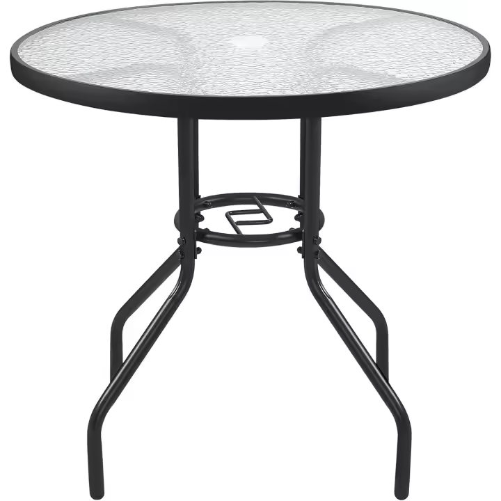 Mesa de jardín redonda de cristal de 70 cm de diámetro, mesa de balcón con orificio para sombrilla, altura 73 cm, negro - 1