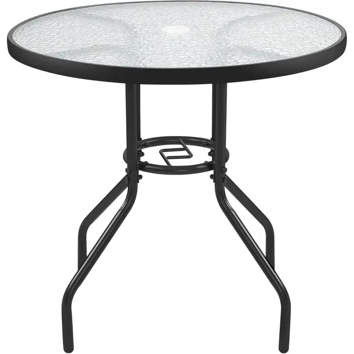 Mesa de jardín redonda de cristal de 70 cm de diámetro, mesa de balcón con orificio para sombrilla, altura 73 cm, negro - 1