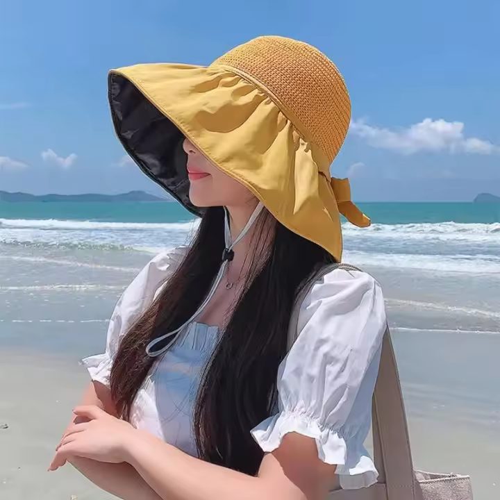 Visera anti ultravioleta tejida de paja para mujer Summer Sun con pegamento negro grande junto al mar, sombrero para el sol transpirable - 1