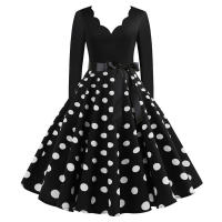Women plaid print long sleeve vintage a line party dress v neck - details 67
