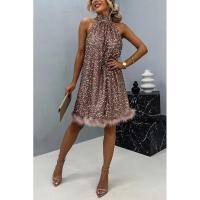 Vestido de noche para mujer, estilo halter, sin espalda, vestido corto de lentejuelas brillantes con plumas para fiesta, club, verano - details 3