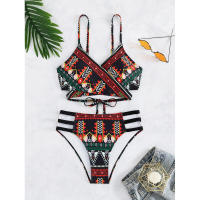 Traje de baño de dos piezas con lazo cruzado frontal para mujer, traje de baño de bikini sexy estampado de estilo étnico - details 8