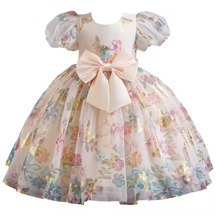 Vestido de bebé para niñas, cuello redondo, mangas cortas abullonadas, vestido de fiesta de flores, vestido de princesa para graduación, desfile de cumpleaños - 1