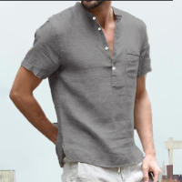 Novedad de verano, superventas, camiseta de algodón y cáñamo para hombre, camisa de manga corta sencilla semiabierta con botones y cuello levantado - details 2