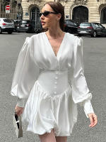 Vestido blanco nuevo de invierno versátil con mangas farol de satén Design Sense - details 4
