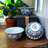 Antiguo Yongle azul y blanco esmaltado, loto entrelazado rojo, juego de Kung Fu maestro, taza de degustación de té, nueve melocotones, cinco bendiciones, - details 4