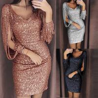 Elegante Vestido Mini de Fiesta para Mujeres 2024 Brillante con Lentejuelas y Borlas Cuello en V - details 0