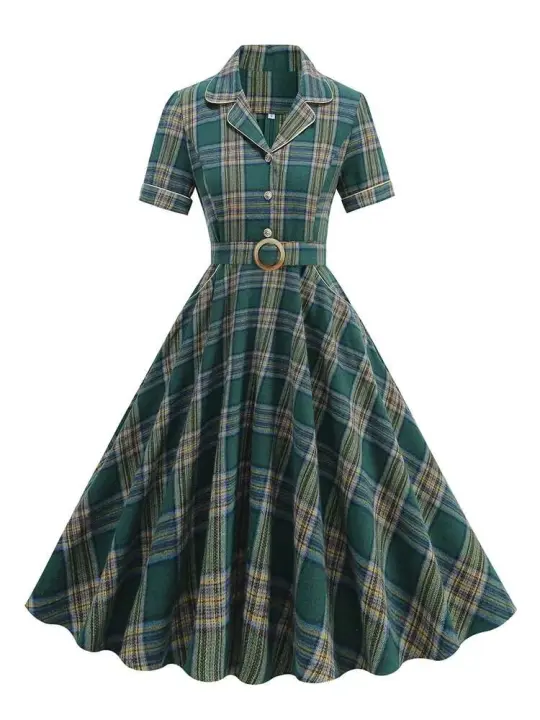 Elegante Vestido Midi de Moda Retro con Cuello Aretado Estilo Rockabilly a Cuadros Vintage para Mujeres Prenda de Otoño e Invierno con Cinturón - 1