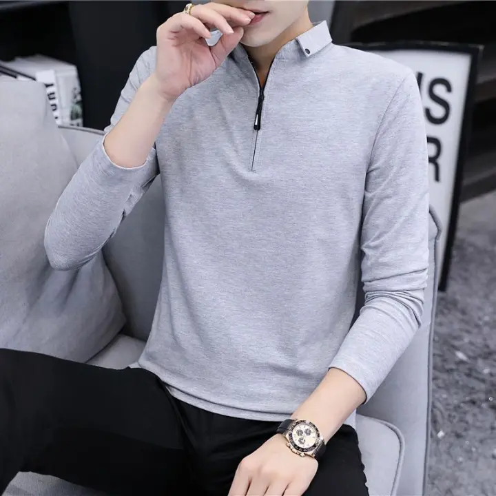 Camiseta de manga larga para hombre con cuello pequeño de primavera y otoño - 1