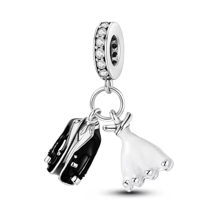 Pulsera negra con dijes plateados, cuentas dobles y vestido de novia blanco para hacer joyas - 1