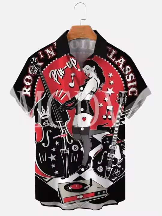 Camisa de manga corta hawaiana transpirable informal con estampado Rockabilly Vintage Rocker Rock N Roll para hombre - 1