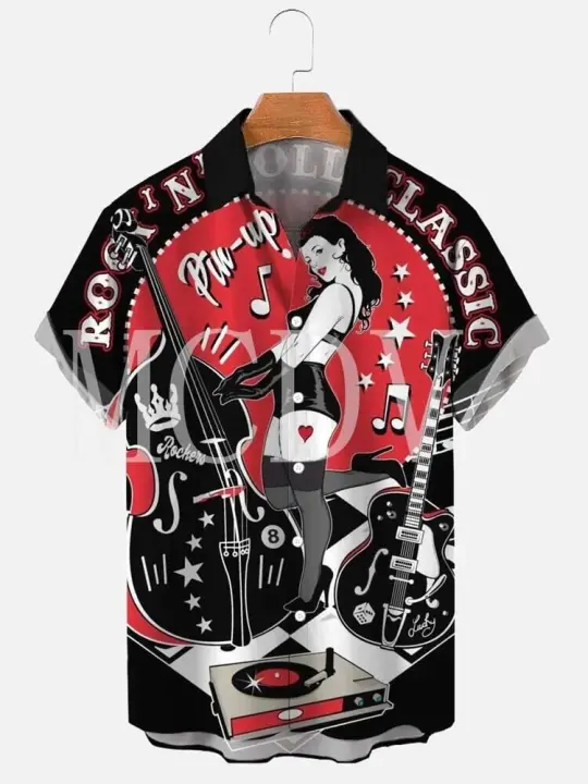 Camisa de manga corta hawaiana transpirable informal con estampado Rockabilly Vintage Rocker Rock N Roll para hombre - 1