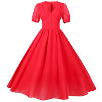 Vestido de fiesta largo vintage elegante de gasa de manga corta con farol liso de verano con cuello en V para mujer - details 23