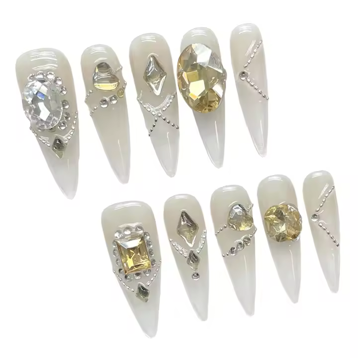 Uñas Falsas de Punta Larga con Diamantes de Imitación Uñas Naturales Desechables para Uso Diario y Fiestas - 1
