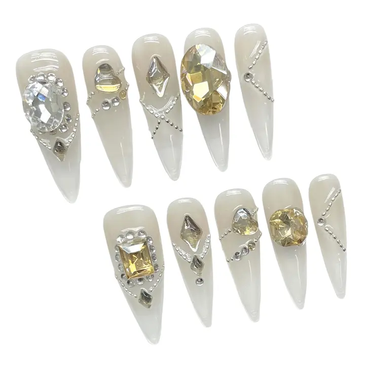 Uñas Falsas de Punta Larga con Diamantes de Imitación Uñas Naturales Desechables para Uso Diario y Fiestas - 1