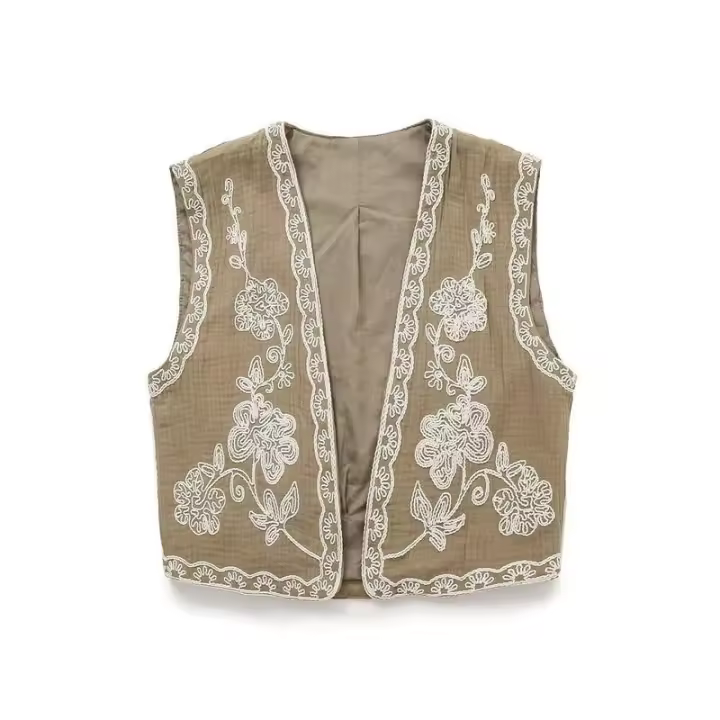 BUNO-chaleco bordado con cuello en V a la moda para mujer, Tops, chaqueta informal Vintage sin mangas para mujer - 1