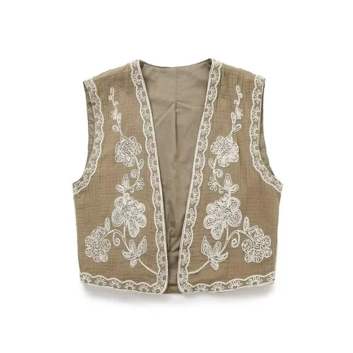 BUNO-chaleco bordado con cuello en V a la moda para mujer, Tops, chaqueta informal Vintage sin mangas para mujer - 1