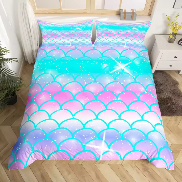 Juego de funda nórdica de escamas de pescado, patrón de escamas de pescado rosa, juegos de cama dobles coloridos para niñas y mujeres, funda de edredón de microfibra de 2/3 piezas - 1