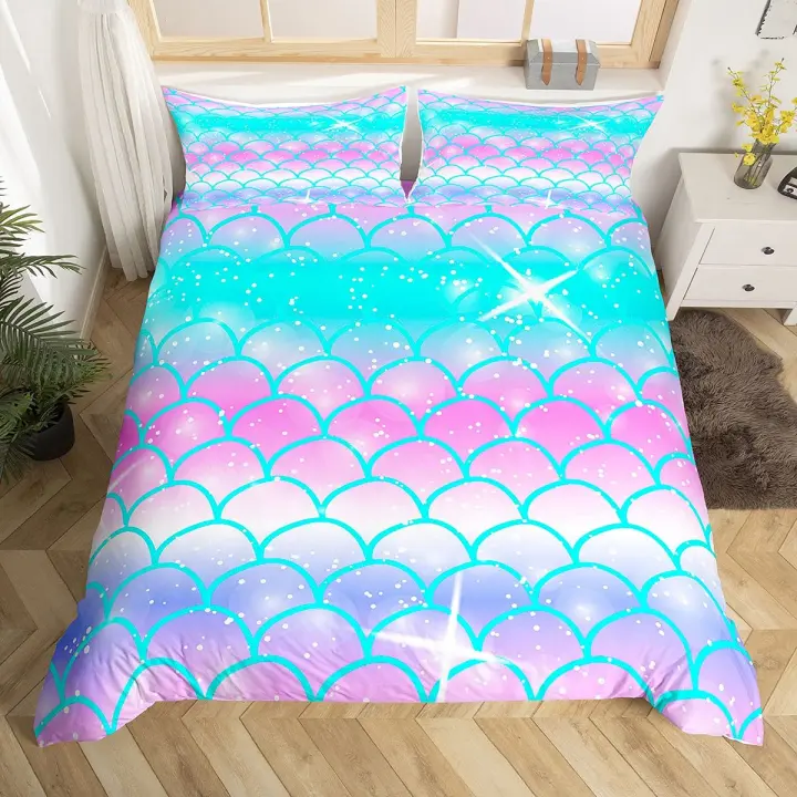 Juego de funda nórdica de escamas de pescado, patrón de escamas de pescado rosa, juegos de cama dobles coloridos para niñas y mujeres, funda de edredón de microfibra de 2/3 piezas - 1