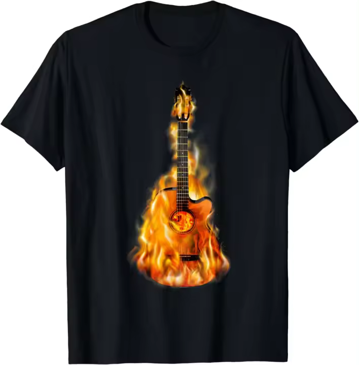 Guitarra en fuego, instrumento acústico, música y diseño de camiseta - 1