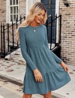 Vestido de manga larga con suéter hasta la rodilla informal con bolsillo y cuello redondo para mujer - details 15