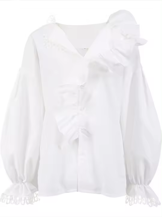 Blusa elegante de mujer con cuello en V moda para mujer joven manga larga blanca - 1