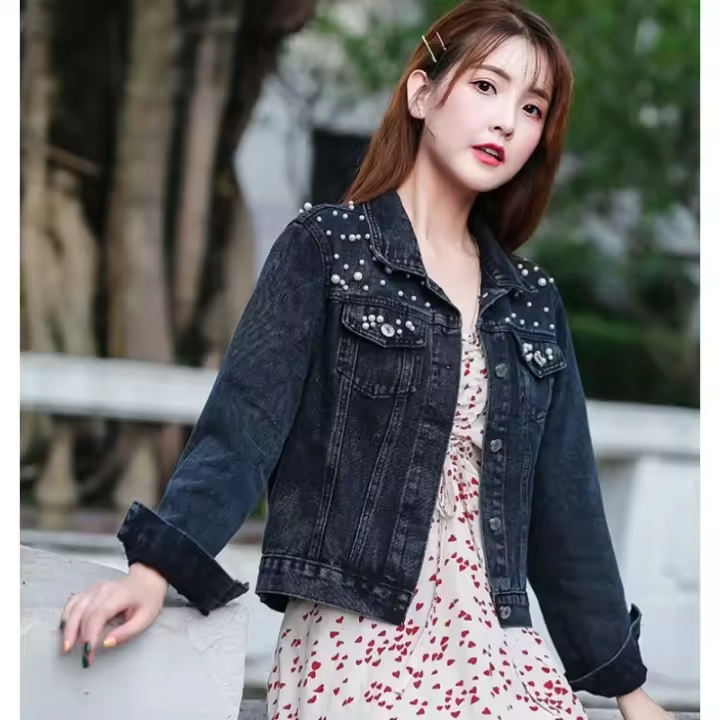 Chaqueta holgada con cuentas y pantalones vaqueros cortos para mujer, novedad, 2024 - 1
