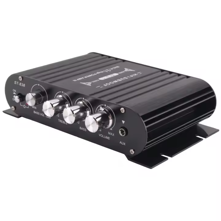 Amplificador HIFI ST-838 para coche, miniamplificador MP3 de 2,1 canales, entrada auxiliar, ajuste de bajos altos y bajos, Supergraves, 20W x 2 + 40W - 1