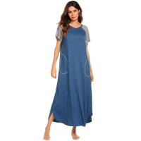 Camisón de algodón elástico de manga corta y largo con bloques de color y bolsillo para mujer, ropa de estar y pijama para primavera/verano - details 16