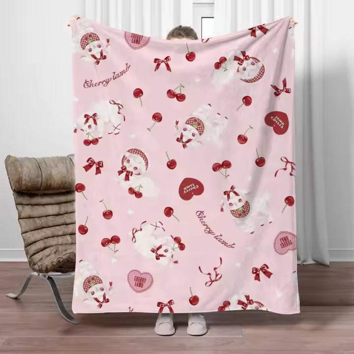 Toalla de playa de cordero de cereza, manta grande de 150x200, manta de guata fina, mantas cálidas de tamaño King para ropa de cama de lujo a cuadros esponjosas y frías - 1