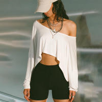 BUNO-Tops informales de punto liso con hombros descubiertos, camisetas de otoño de manga larga con cuello oblicuo conciso para mujer, camisetas deportivas irregulares - details 9