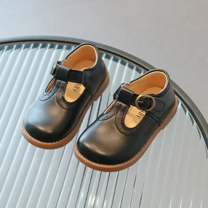 Zapatos de cuero con correa en T para niños y niñas, calzado de moda vintage Mary Janes, zapatos planos escolares, lazo de gancho, primavera - 1
