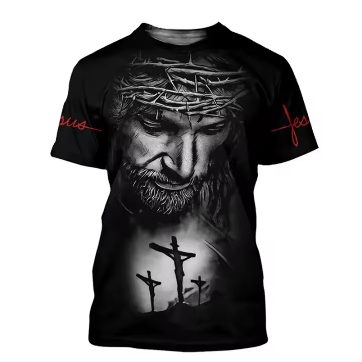 Camiseta con estampado 3D de Jesucristo, camisetas con patrón Vintage para hombre, camisetas de cuello redondo Harajuku de verano, camisetas de gran tamaño de manga corta - 1