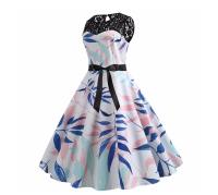 Lace patchwork summer women a line elegant vintage party dress with belt - details 31
