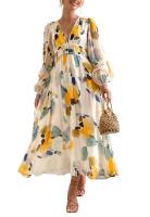"Vestido Largo Bohemio Mujer 2025- Escote V Estampado Floral, Talle Alto, Mangas Largas, Moda Verano Boho Chic, Vestidos Hippies Elegantes para Festivales, Playa o Diario |   Envío Rápido Miravia" - details 12