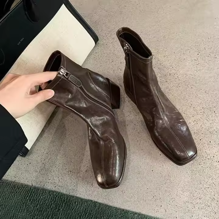 Nuevas botas cortas delgadas de piel de caballo lavada con punta cuadrada y tacón grueso - 1