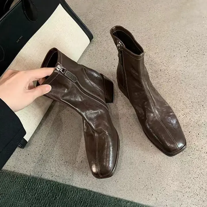 Nuevas botas cortas delgadas de piel de caballo lavada con punta cuadrada y tacón grueso - 1