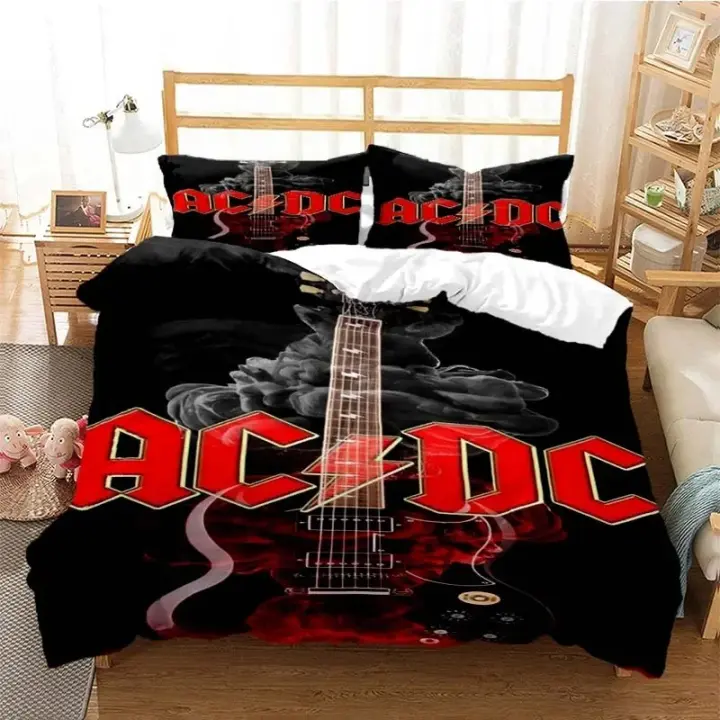 Juego de cama con estampado 3D de AC_DC Rock Band, funda de edredón con patrón de banda AC-DC y fundas de almohada, tamaño doble, Queen y King - 1