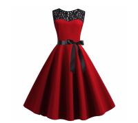 Lace patchwork summer women a line elegant vintage party dress with belt - details 14