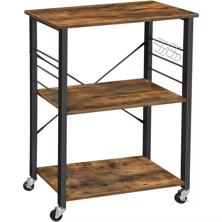 Estantería de Cocina con Ruedas, Carrito de Servicio de 3 Niveles, Estantería para Microondas, Horno, Tostadora, Marco de Metal con 6 Ganchos, Marrón Rústico y Negro KKS60XV1 - 1