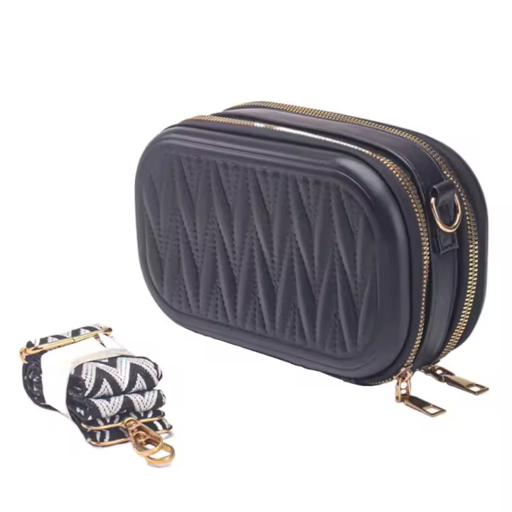 Bolsa de maquillaje de viaje moderna de piel sintética con diseño acolchado, bandolera cuadrada con cierre de cremallera y correa. - 1