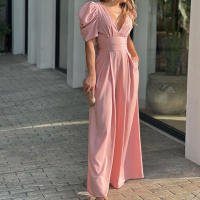 Mono Elegante De Cintura Alta Para Mujer, Cuello En V, Ajustado, Estilo De Oficina, Sólido, Verano - details 9